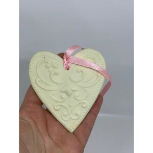 VTG Brown Bag Cookie Art Victorian Heart Stoneware Cookie Ornament Pink Ribbon